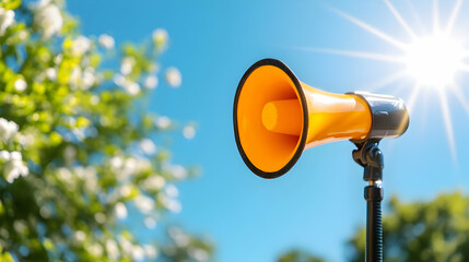 Megaphone Broadcasts Message Under Bright Sun with Blurry Trees and Sky Background, Public Announcement Concept.