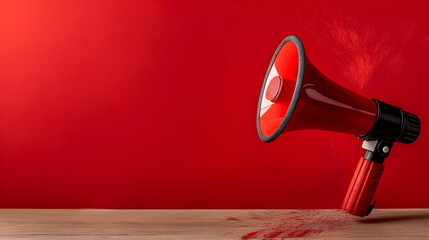 Red Megaphone Makes a Loud Noise on Wooden Table with Red Background, Announcement and Communication Theme.