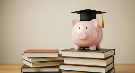 A pink piggy bank wearing a graduation cap sits atop stacked books, symbolizing education savings and financial planning for students.
