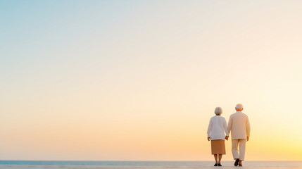 Fototapeta premium Senior partners walking hand-in-hand along coastal boardwalk during golden hour, expressing tender connection
