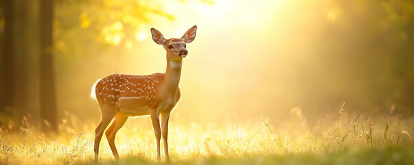 White-tailed deer fawn standing alert in forest clearing, basking in golden morning sunlight filtering through surrounding trees