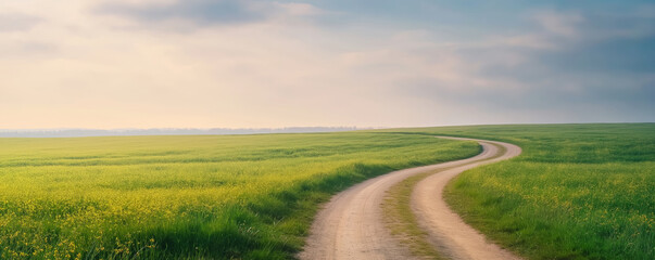 Scenic landscape featuring a winding dirt road crossing fields of rapeseed and grass during a cloudy spring morning