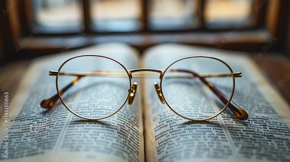 Aufkleber a pair of round glasses rests on an open book, suggesting reading and reflection.