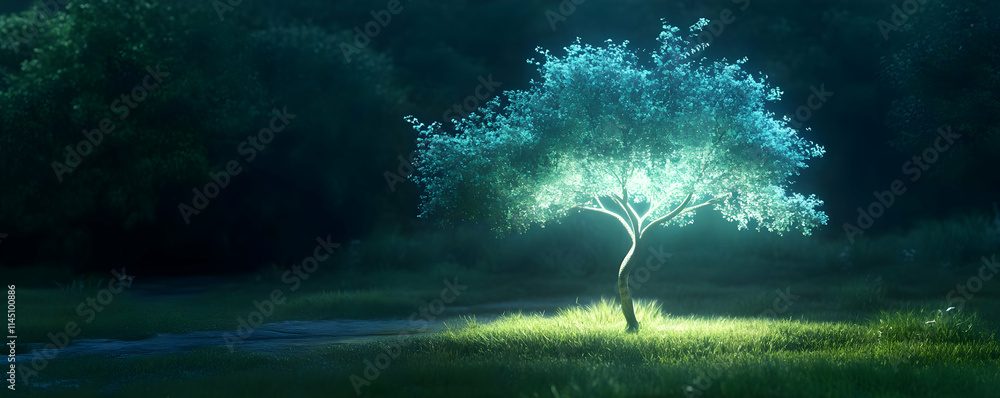 Poster glowing tree stands in a field of grass beside a stream with deep forest and dark night with magical