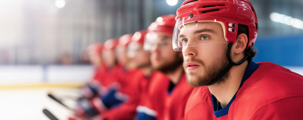 Hockey player focusing intently, writing game notes while sitting with teammates during intermission, ice rink visible behind