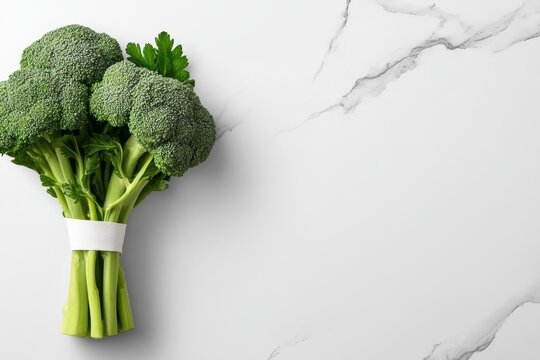 A bunch of broccoli is sitting on a white counter. The broccoli is fresh and green, and it is tied together with a white string. Concept of health and freshness, as broccoli is a nutritious vegetable
