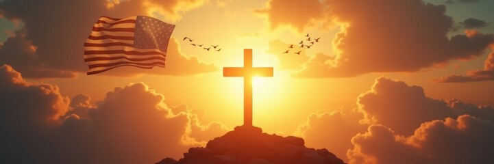 A powerful image blending faith and patriotism, featuring a cross silhouetted by a radiant sunset, along with an American flag and flying birds.
