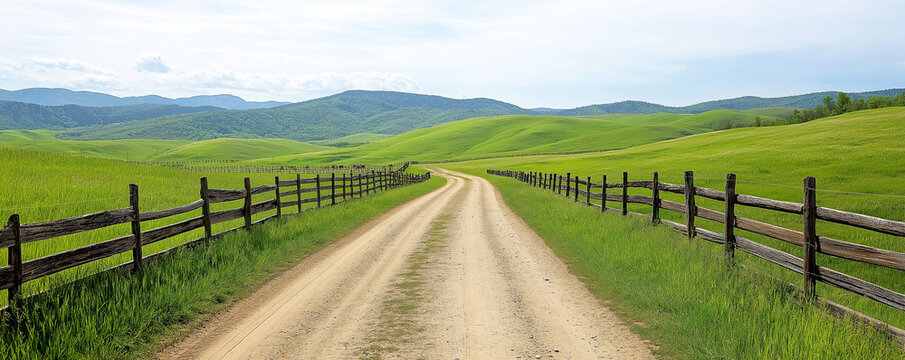 Scenic view of a winding dirt road passing through lush green fields, bordered by wooden split rail fences, leading towards rolling hills and distant mountains