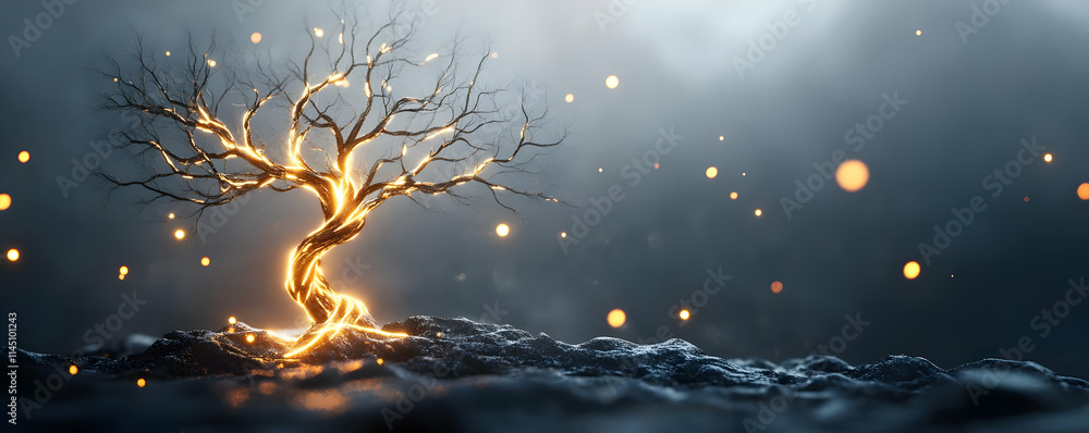 Poster glowing tree stands on rocky terrain with floating lights, mystical forest at night with +magical tr