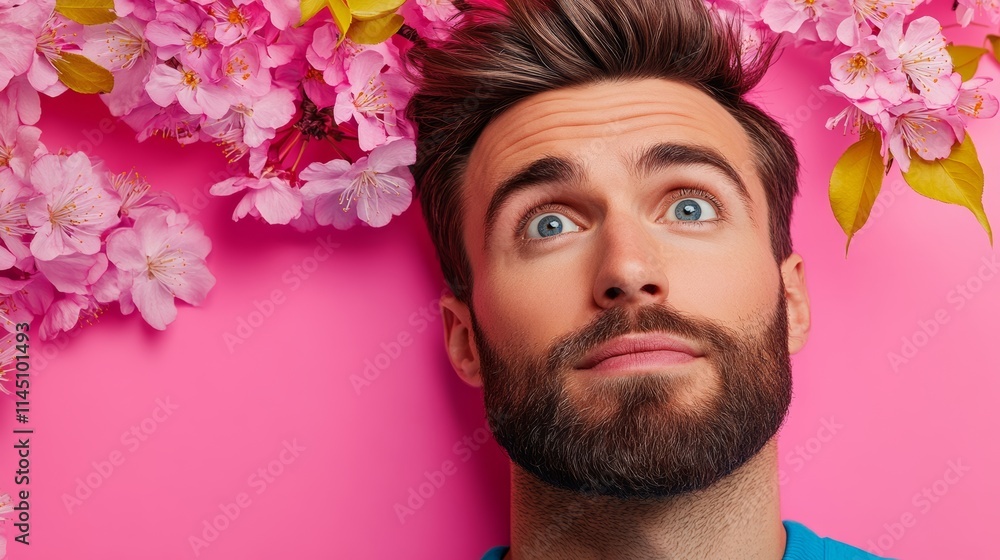 Poster man with a beard is looking at the camera with a surprised expression. he is laying on a pink backgr