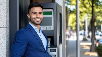 A joyful man dressed in a blue suit is withdrawing cash from an ATM on a sunny day outside modern buildings