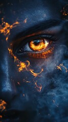 Fiery eye, smoky face, intense gaze.