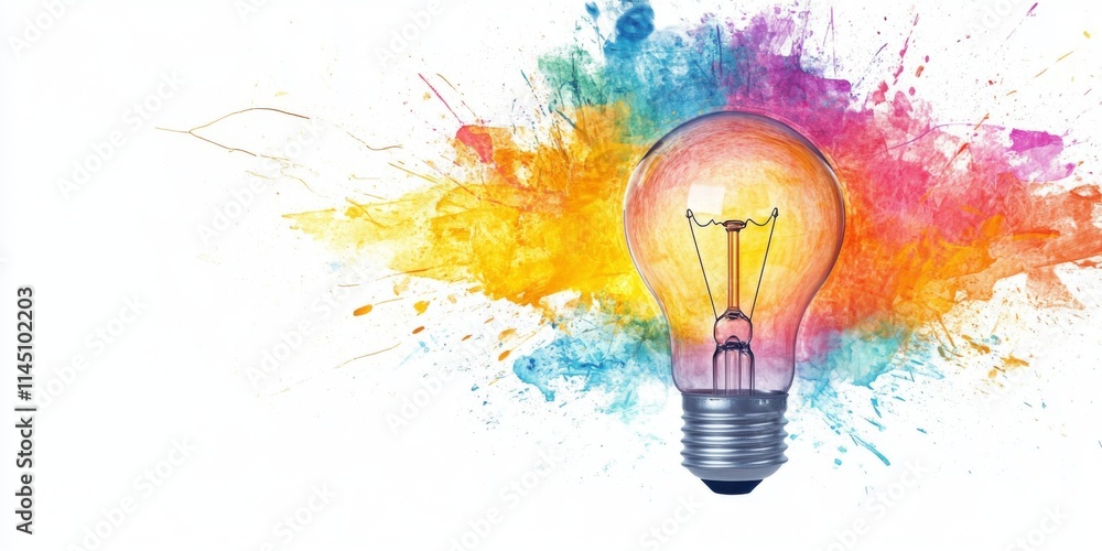 Poster a vibrant light bulb surrounded by colorful splashes of paint. this artistic image represents creati