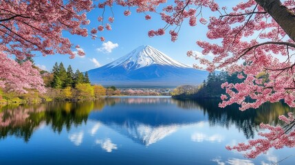 The wonderful Mount Fuji stands majestically over a serene lake, surrounded by vibrant cherry blossom flowers and lush trees