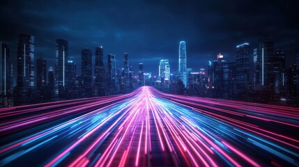 Fototapeta premium Futuristic city skyline with vibrant neon lights and glowing trails of light at nighttime in a digital landscape