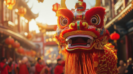 Obraz premium Lunar New Year parade with a dragon dance in the foreground, and illuminated red lanterns lining the streets, Dragon head costume, Chinese New Year celebration