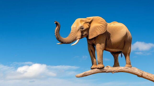 Large elephant stands on a branch in a field. The sky is blue and there are clouds in the background. The elephant's trunk is raised, and it is looking up at something. The scene is peaceful