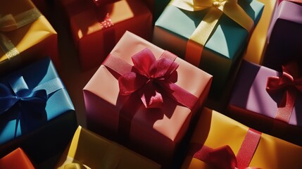 Colorful gift boxes with ribbons in sunlight.