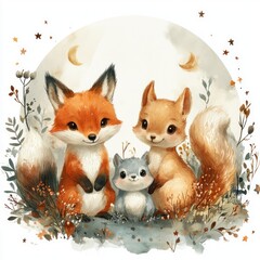 Fototapeta premium A whimsical illustration of a fox, squirrel, and hedgehog surrounded by nature elements.