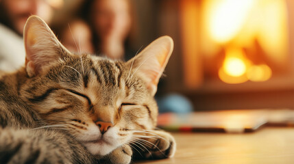 Domestic tabby cat sleeping by the fireplace, family playing board games in the background, warm evening light, cozy and family-friendly atmosphere