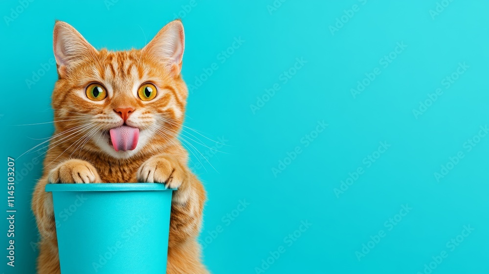 Poster cat is standing in a blue plastic container with its tongue out. the cat has a playful and mischievo
