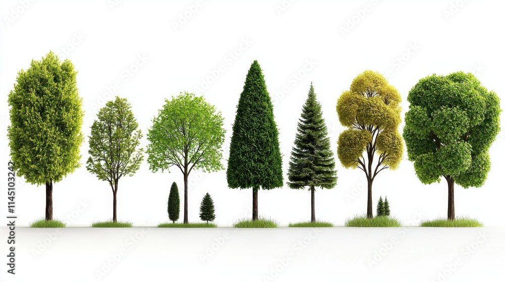 Aufkleber creating a harmonious landscape with evergreen and deciduous trees in a standard two-row arrangement