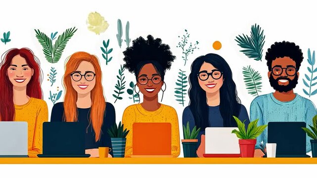 A diverse group of individuals collaborate at a table filled with plants and laptops. Their expressions convey teamwork and inclusivity, symbolizing equality in a vibrant, creative environment.