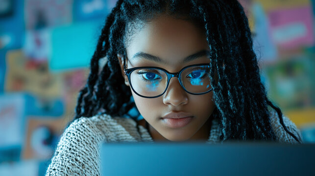 African american student uses laptop in classroom, teenager girl embraces education and technology, school computer enhances knowledge acquisition, learning environment, digital literacy. - Powered by Adobe