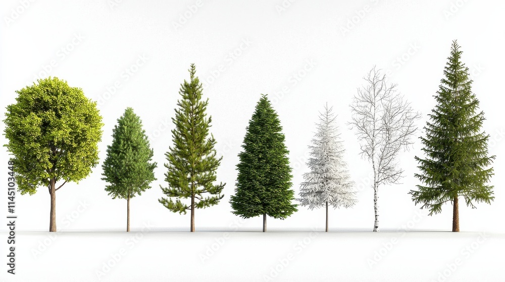 Aufkleber showcasing varied conifer tree shapes in a standard display nature exhibit plant collection indoor e