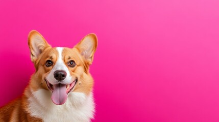 Happy dog with a tongue sticking out is standing in front of a pink background. The dog's expression is joyful and playful, and it seems to be enjoying the moment