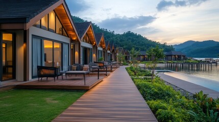 Fototapeta premium Serene Resort Villas by the Water at Sunset with Beautiful Mountain View and Tranquil Surroundings