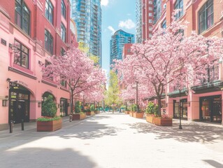 Fototapeta premium A vibrant street lined with cherry blossom trees and modern buildings.