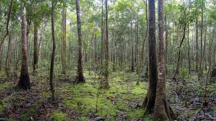 Obraz premium Lush Green Forest Floor Dense Canopy Trees