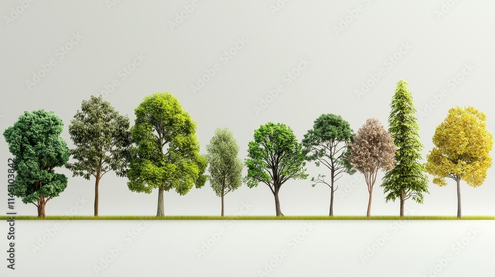 Poster showcasing a diverse array of small rainforest trees in two standard displays nature exhibition trop