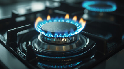 Blue flame on gas stove burner, glowing propane fire for cooking, circular kitchen appliance heat source, modern energy efficient cooker surface, closeup of burning fuel ring circle.