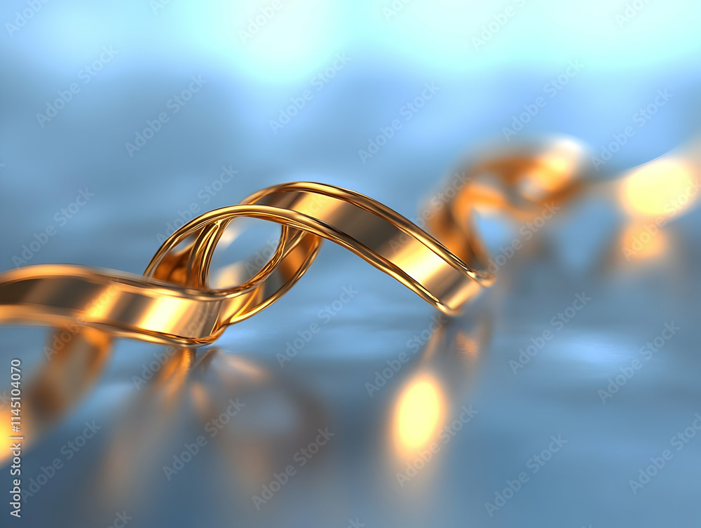 Poster Golden Ribbon Twists Elegantly with Smooth Curves and Reflective Surface on Soft Blue Background with Abstract Design Concept.