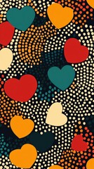 Illustration of colorful heart shapes on a dotted abstract background, creating a vibrant, playful, and modern design. Ideal for use in creative projects, designs, or backgrounds celebrating love.