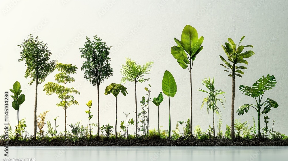 Aufkleber arranging assorted saplings of diverse species in two standard rows for botanical display in a contr