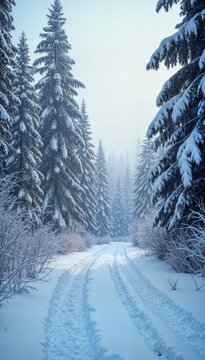 Tranquil Snowy Forest Trail Surrounded by Pine Trees in Winter in proportions for mobile wallpapers