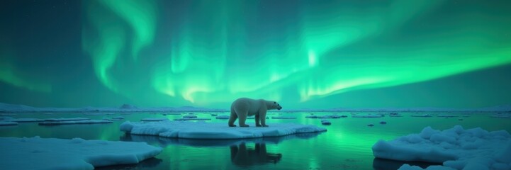 Fototapeta premium A striking polar bear standing on an ice floe under the mesmerizing auroras, capturing the beauty of the Arctic wilderness. Ideal for nature, wildlife, and conservation projects.