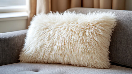 Fluffy pillow on sofa, soft and comfortable cushion, cotton couch accessory, puffy dream comfort, home decor for rest and relaxation.