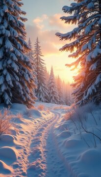 Scenic Winter Wonderland Trail at Sunset with Snow-Covered Pine Trees in proportions for mobile wallpapers