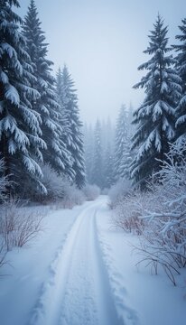 Tranquil Snowy Forest Trail Surrounded by Pine Trees in Winter in proportions for mobile wallpapers