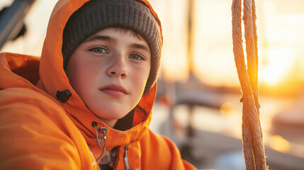 Young sailor practicing nautical knot tying on wooden dock during golden sunset light, skill development