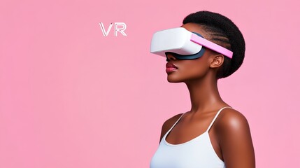 Fashion-forward woman wearing stylish virtual reality headset set against a vibrant pink background showcasing the fusion of tech innovation and modern aesthetics