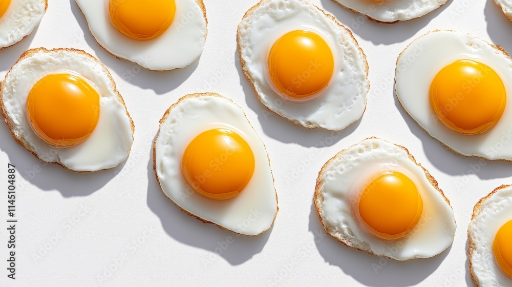 Poster row of eggs with yellow yolks and white egg whites. the eggs are arranged in a row and are all the s