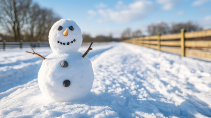 Obraz premium Snowman made of two snowballs, with stone eyes, carrot nose, stick arms and pebble smile, standing on snow covered path near wooden fence in winter