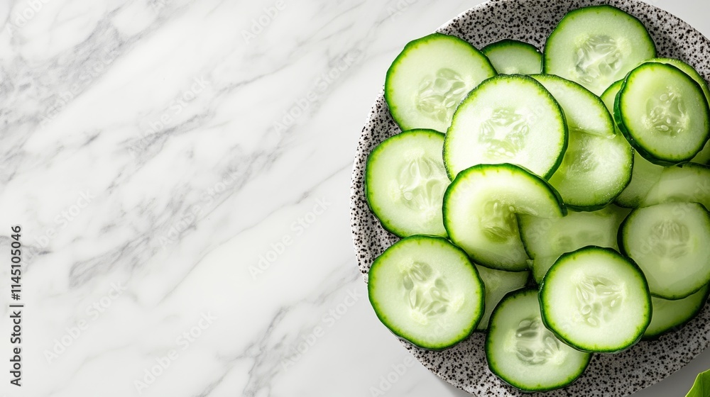 Poster bowl of cucumbers is on a marble countertop. the cucumbers are sliced and arranged in a way that the