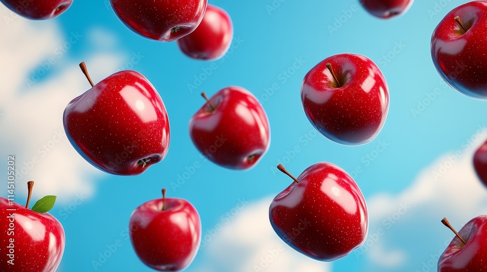Poster bunch of red apples are flying through the air. the apples are in different positions and angles, cr