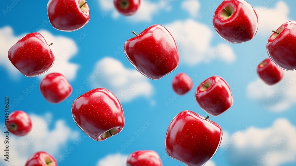 Poster bunch of red apples are flying through the air. the apples are scattered all over the sky, with some